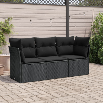 Set mobilier de grădină cu perne, 3 piese, negru, poliratan - Img 1
