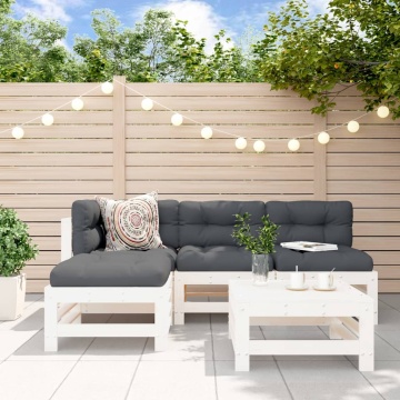 Set mobilier de grădină cu perne, 5 piese, alb, lemn masiv - Img 1