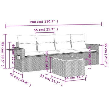 Set mobilier de grădină cu perne, 5 piese, negru, poliratan - Img 3