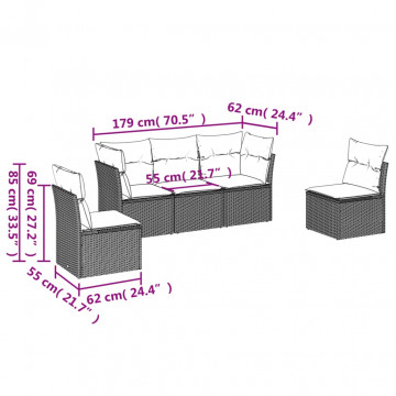 Set mobilier de grădină cu perne, 5 piese, negru, poliratan - Img 3
