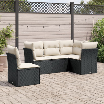 Set mobilier de grădină cu perne, 5 piese, negru, poliratan - Img 1