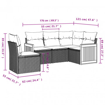 Set mobilier de grădină cu perne, 5 piese, negru, poliratan - Img 3