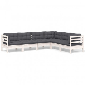 Set mobilier de grădină cu perne, 6 piese, alb, lemn masiv pin - Img 2