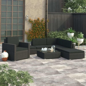 Set mobilier de grădină cu perne, 6 piese, negru, poliratan - Img 1
