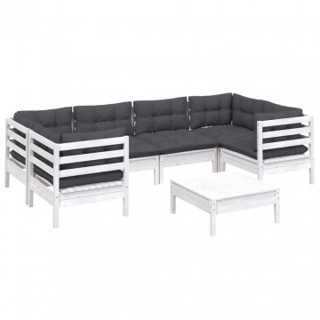 Set mobilier de grădină cu perne, 7 piese, alb, lemn masiv pin - Img 3