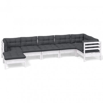 Set mobilier de grădină cu perne, 7 piese, alb, lemn masiv pin - Img 2