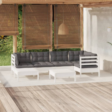 Set mobilier de grădină cu perne, 7 piese, alb, lemn masiv pin - Img 1