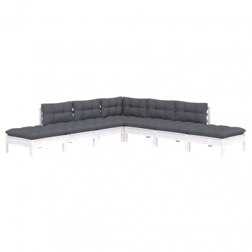 Set mobilier de grădină cu perne, 7 piese, alb, lemn masiv pin - Img 3