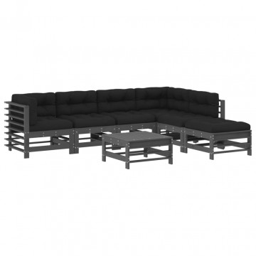 Set mobilier de grădină cu perne, 7 piese, gri, lemn masiv - Img 2