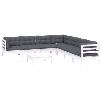 Set mobilier de grădină cu perne, 8 piese, alb, lemn masiv pin - Img 3