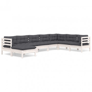 Set mobilier de grădină cu perne, 8 piese, alb, lemn masiv pin - Img 2