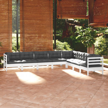 Set mobilier de grădină cu perne, 8 piese, alb, lemn masiv pin - Img 1