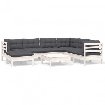 Set mobilier de grădină cu perne, 8 piese, alb, lemn masiv pin - Img 2