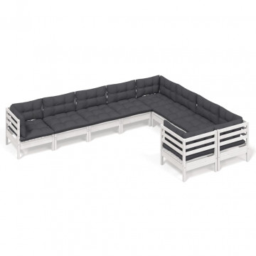 Set mobilier de grădină cu perne, 9 piese, alb, lemn de pin - Img 2