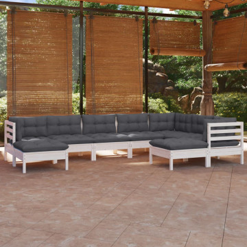 Set mobilier de grădină cu perne, 9 piese, alb, lemn masiv pin - Img 1