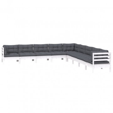 Set mobilier de grădină cu perne, 9 piese, alb, lemn masiv pin - Img 3