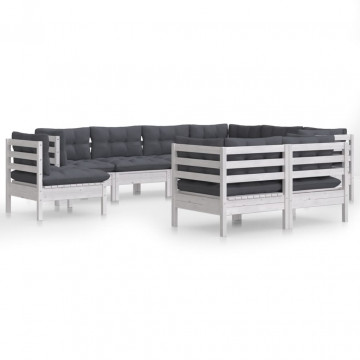 Set mobilier de grădină cu perne, 9 piese, alb, lemn masiv pin - Img 2