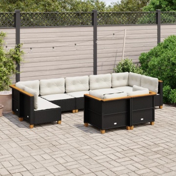 Set mobilier de grădină cu perne, 9 piese, negru, poliratan - Img 1
