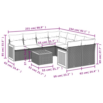 Set mobilier de grădină cu perne, 9 piese, negru, poliratan - Img 3
