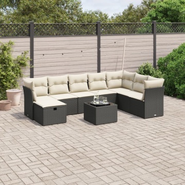 Set mobilier de grădină cu perne, 9 piese, negru, poliratan - Img 1
