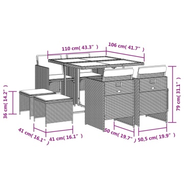 Set mobilier de grădină cu perne, 9 piese, negru, poliratan - Img 5