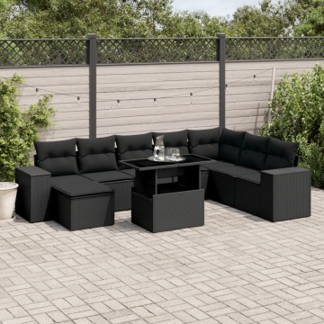 Set mobilier de grădină cu perne, 9 piese, negru, poliratan - Img 1