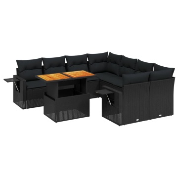 Set mobilier de grădină cu perne, 9 piese, negru, poliratan - Img 2