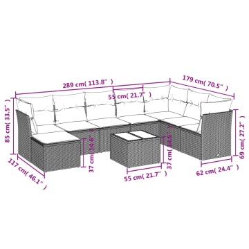 Set mobilier de grădină cu perne, 9 piese, negru, poliratan - Img 3