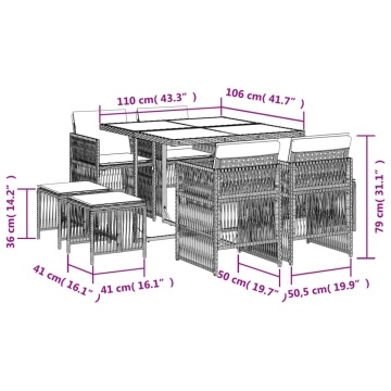 Set mobilier de grădină cu perne, 9 piese, negru, poliratan - Img 5