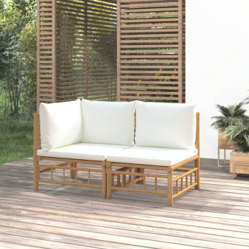 Set mobilier de grădină cu perne alb crem, 2 piese, bambus - Img 1