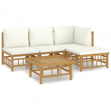 Set mobilier de grădină cu perne alb crem, 2 piese, bambus - Img 2