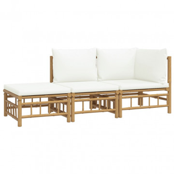 Set mobilier de grădină, cu perne alb crem, 3 piese, bambus - Img 3