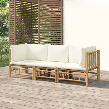 Set mobilier de grădină, cu perne alb crem, 3 piese, bambus - Img 1