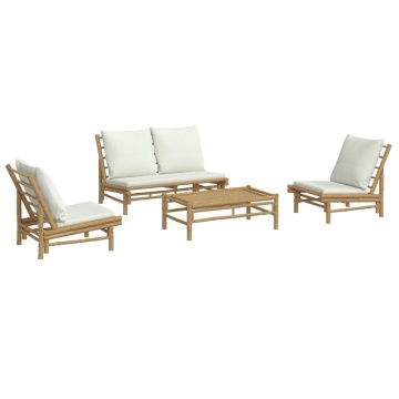 Set mobilier de grădină, cu perne alb crem, 4 piese, bambus - Img 3