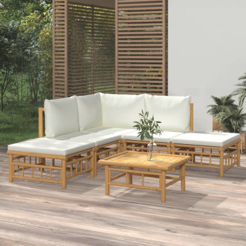 Set mobilier de grădină cu perne alb crem, 6 piese, bambus - Img 1