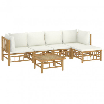 Set mobilier de grădină cu perne alb crem, 6 piese, bambus - Img 3