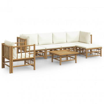 Set mobilier de grădină cu perne alb crem, 7 piese, bambus - Img 2
