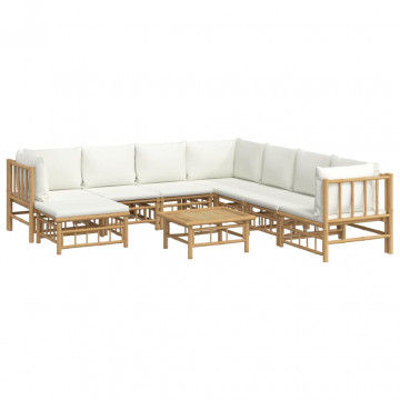 Set mobilier de grădină, cu perne alb crem, 9 piese, bambus - Img 3