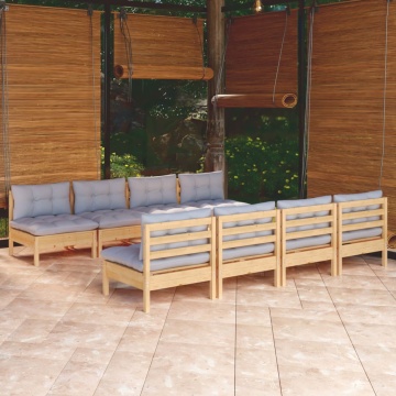 Set mobilier de grădină cu perne gri, 9 piese, lemn masiv pin - Img 1