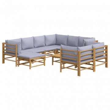 Set mobilier de grădină cu perne gri deschis, 10 piese, bambus - Img 3