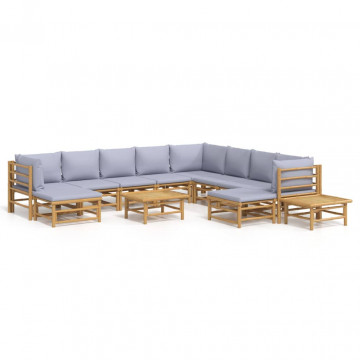 Set mobilier de grădină cu perne gri deschis, 12 piese, bambus - Img 2