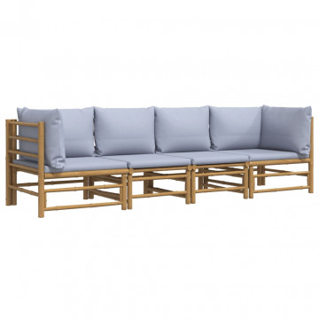 Set mobilier de grădină cu perne gri deschis, 4 piese, bambus - Img 3