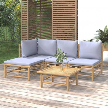Set mobilier de grădină cu perne gri deschis, 5 piese, bambus - Img 1