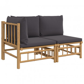 Set mobilier de grădină cu perne gri închis, 2 piese, bambus - Img 2
