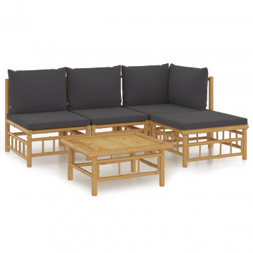 Set mobilier de grădină cu perne gri închis, 5 piese, bambus - Img 2