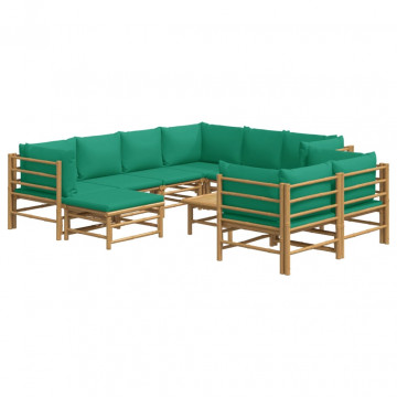Set mobilier de grădină cu perne verzi, 10 piese, bambus - Img 3