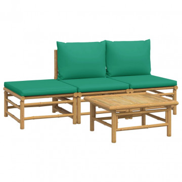 Set mobilier de grădină cu perne verzi, 4 piese, bambus - Img 3