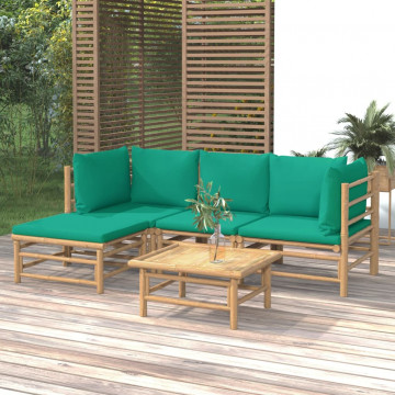 Set mobilier de grădină cu perne verzi, 5 piese, bambus - Img 1