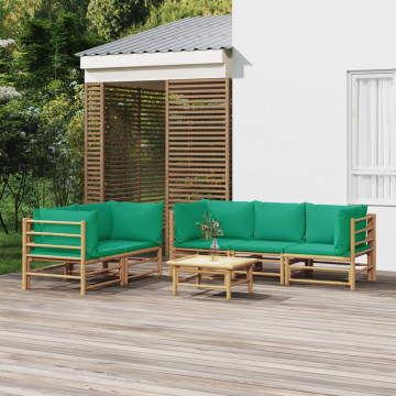 Set mobilier de grădină cu perne verzi, 6 piese, bambus - Img 1