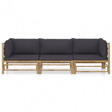 Set mobilier de grădină, perne gri închis, 3 piese, bambus - Img 2